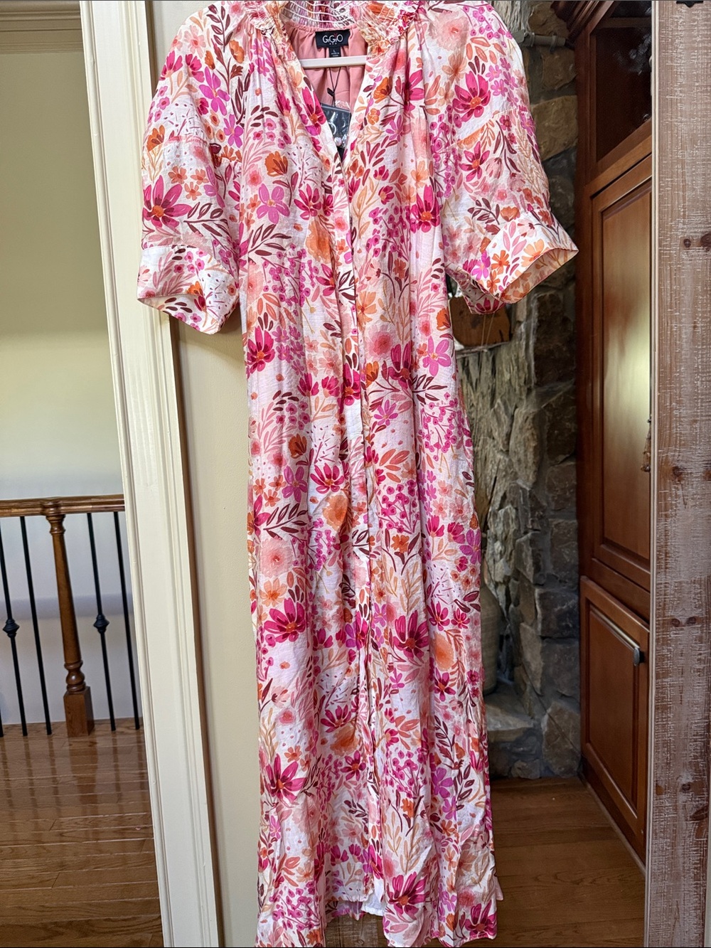 GOGO Floral Button-Front Maxi Dress in Pink & Coral